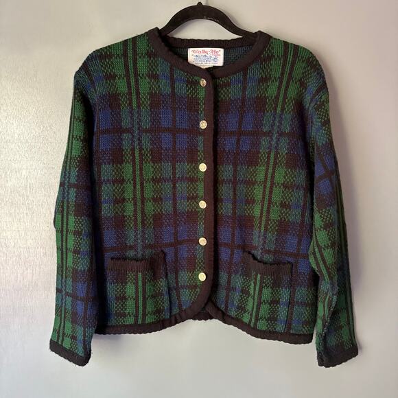 Vintage TALLY HO Women's Med Green Blue Plaid Tartan Wool Blend Cardigan Preppy - Picture 6 of 11